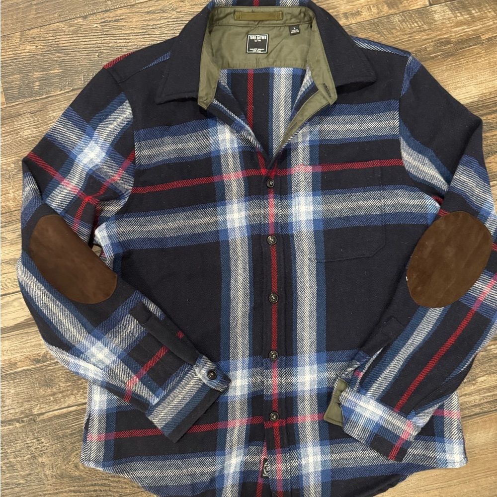 Todd Snyder Blue and Red Plaid Shirt with Brown Elbow Patches